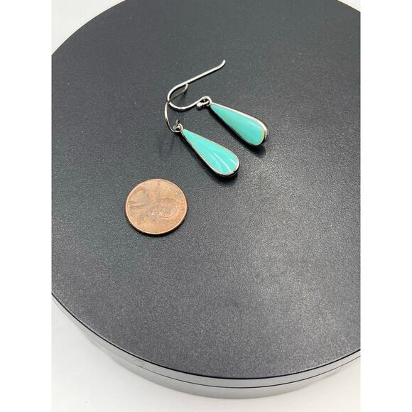 ATI Signed Vintage Sterling Silver Inlay Turquoise Teardrop Dangle Earrings - Picture 6 of 8